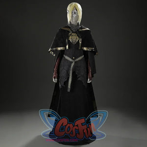 Front mannequin display of the Dark Souls III Fire Keeper suede cosplay costume with mask, cape, and long dress.