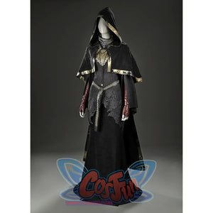 Angled mannequin view of the Dark Souls III Fire Keeper suede cosplay costume with hood up and layered cape.