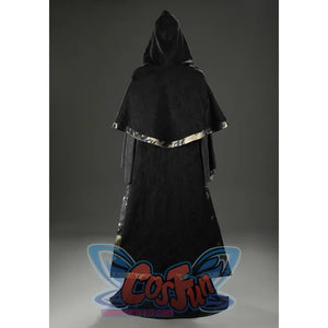 Back view of the Dark Souls III Fire Keeper cosplay costume with the hood up and black suede outer layer.