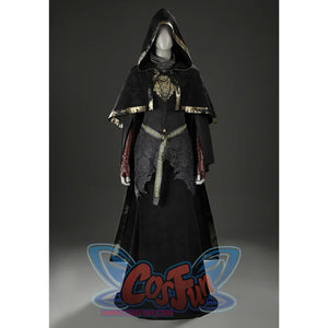 Front mannequin display of the Dark Souls III Fire Keeper suede cosplay costume shown with the hood raised.