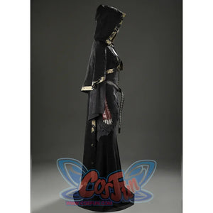 Right side view of the Dark Souls III Fire Keeper cosplay costume showing the hooded black suede robe and cape.
