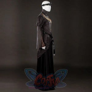 Dark Souls III Fire Keeper cosplay costume side profile shows layered sleeves over a fitted gray tunic