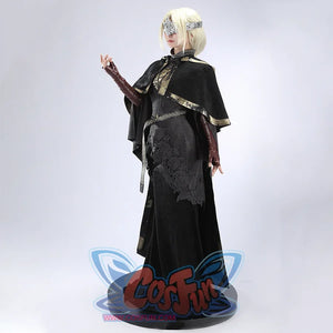 Three-quarter left view of the Dark Souls III Fire Keeper suede cosplay costume showing the cape and fitted dress.