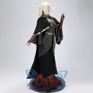 Three-quarter right view of the Dark Souls III Fire Keeper suede cosplay costume with visible side drape and front panels.