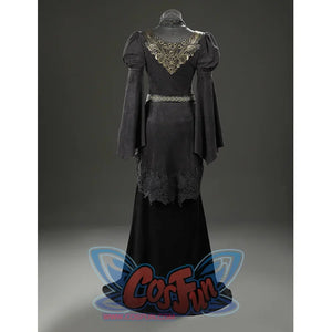Back full view of the Dark Souls III Fire Keeper cosplay dress showing gold embroidery and long dark skirt.