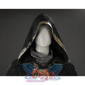 Close-up front view of the Fire Keeper cosplay hood showing the dark textured fabric and metallic inner edge trim.