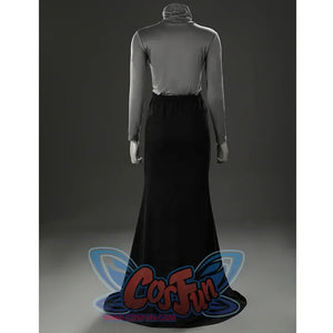 Full back view of the inner dress with gray high neck top and long black skirt from the Fire Keeper cosplay set.