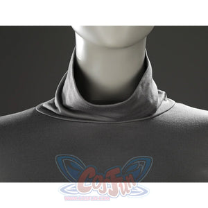Close-up of the gray high neck collar on the inner dress from the Dark Souls III Fire Keeper cosplay costume.