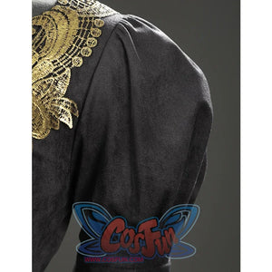 Close-up of the Fire Keeper cosplay puff sleeve in dark suede fabric with part of the gold neckline trim.