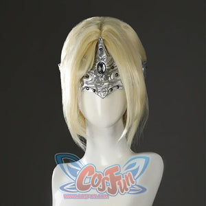 Front view of the Fire Keeper silver eye mask displayed on a mannequin head with pale blonde hair.