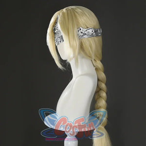 Side view of the Fire Keeper silver mask accessory showing the head band and side detail on blonde hair.