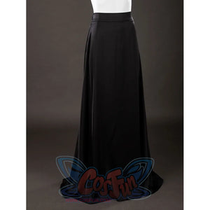 Dark Souls III Fire Keeper cosplay skirt front view shows a smooth black satin drape from the waistband down