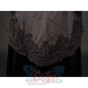 Dark Souls III Fire Keeper cosplay costume hem close-up highlights dark lace over the black skirt