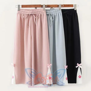 Flower Embroidery Bow Knot Wide Leg Pants