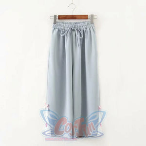 Flower Embroidery Bow Knot Wide Leg Pants Blue / M