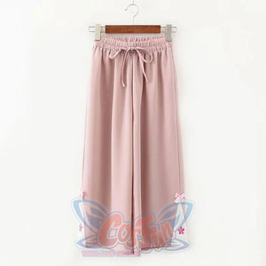 Flower Embroidery Bow Knot Wide Leg Pants Pink / M