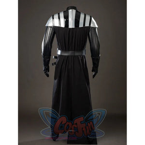 Galactic Saga Darth Vader Anakin cosplay costume back view anchors the cape below silver shoulder armor and a wide belt