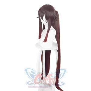 Hu Tao cosplay wig, long brown twin tails, side view, highlighting face-framing bangs