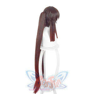 Genshin Impact Hu Tao cosplay wig, long brown twin tails, side view, highlighting face-framing bangs
