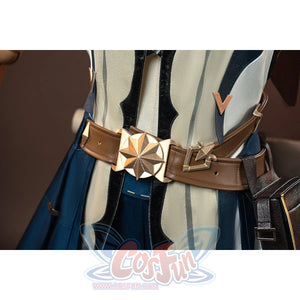 Genshin Impact Bennett cosplay belt detail anchors a star buckle across brown straps above navy panels