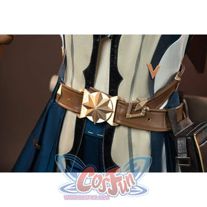 Genshin Impact Bennett cosplay belt detail anchors a star buckle across brown straps above navy panels
