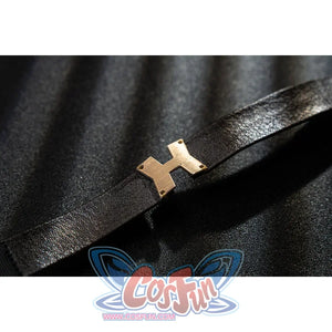 Genshin Impact Bennett cosplay black strap detail anchors a gold-tone cross buckle over glossy trim