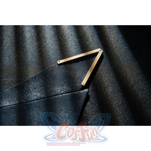 Genshin Impact Bennett cosplay blue panel detail sets angular gold-tone trim over deep navy fabric