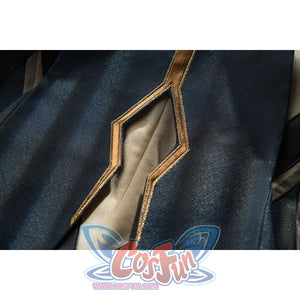 Genshin Impact Bennett cosplay blue fabric detail layers gold-tone trim along a pale inset panel