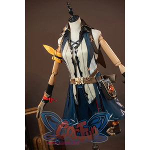 Genshin Impact Bennett cosplay costume angled view frames a laced cream vest between dark straps and the waist pouch