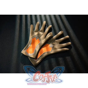 Genshin Impact Bennett cosplay glove detail frames orange palm panels with gray fingers and black edging