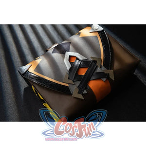 Genshin Impact Bennett cosplay shoulder prop detail layers black armor panels around orange and gold-tone accents