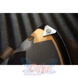 Genshin Impact Bennett cosplay shoulder panel detail frames white and gold-tone accents over black fabric