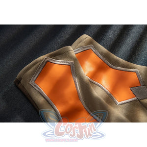 Genshin Impact Bennett cosplay top detail layers orange panels beneath gray trim around the neckline
