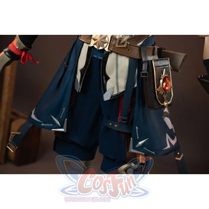 Genshin Impact Bennett cosplay waist view layers blue panels beneath brown belts and the hanging pouch charm