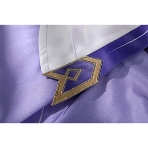 Genshin Impact Citlali cosplay emblem detail sets gold-tone trim over lavender fabric.