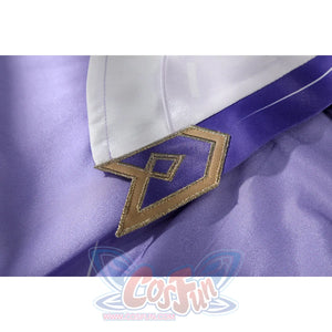 Genshin Impact Citlali cosplay emblem detail sets gold-tone trim over lavender fabric.