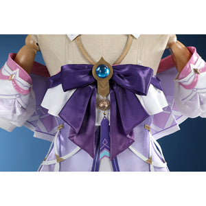 Genshin Impact Citlali cosplay costume pairs a purple bow with a gold and blue gem brooch.