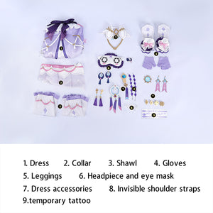 Genshin Impact Citlali cosplay costume flat lay gathers dress, collar, gloves, mask, and accessories.