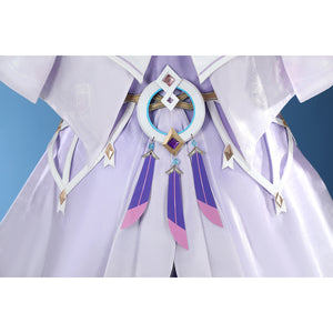 Genshin Impact Citlali cosplay waist detail centers a pendant over a lavender pleated dress.