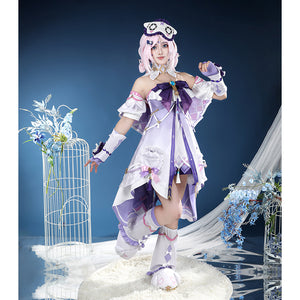 Genshin Impact Citlali cosplay costume pairs a purple and white dress with matching arm covers.