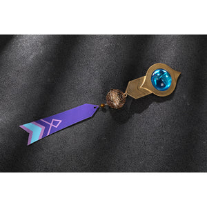 Genshin Impact Citlali cosplay costume gem clasp detail anchors a blue stone and branded ribbon.