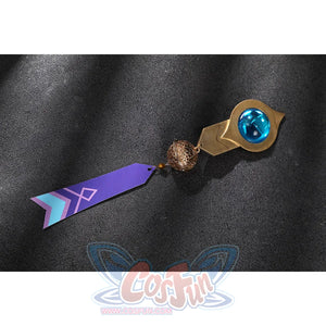 Genshin Impact Citlali cosplay costume gem clasp detail anchors a blue stone and branded ribbon.
