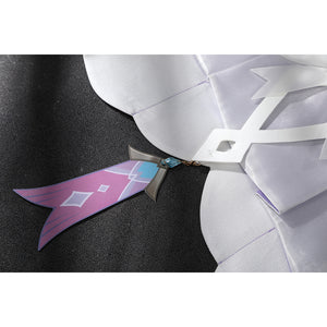 Genshin Impact Citlali cosplay pendant detail sets a purple print over white satin fabric.