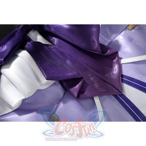 Genshin Impact Citlali cosplay fabric detail layers shiny purple satin and pale panels.