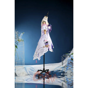 Genshin Impact Citlali cosplay costume side view pairs a white dress with purple sleeves.