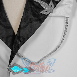Genshin Impact Columbina cosplay cape traces silver braided chain to an iridescent blue gem accessory.
