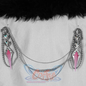 Genshin Impact Columbina cosplay cape accessories pair lapel pins balancing pink prismatic jewel pendants.