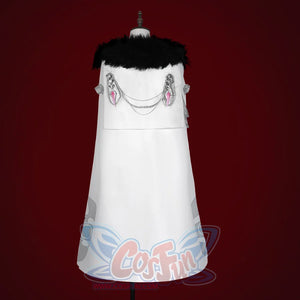 Genshin Impact Columbina cosplay cape drops ornate silver clasps down a grey patterned hem border.