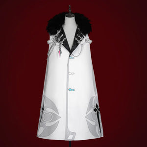 COSFUN Genshin Impact Columbina cosplay cape layers black faux-fur trim over ornate silver emblems.