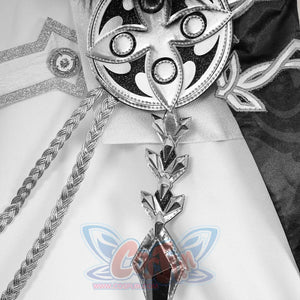 Genshin Impact Il Capitano cosplay emblem centers a faceted pendant within braided silver cording.
